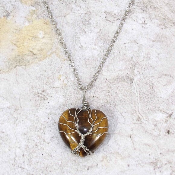 Tree of life heart pendant necklace with brown tiger eye heart stone - Picture 6 of 8